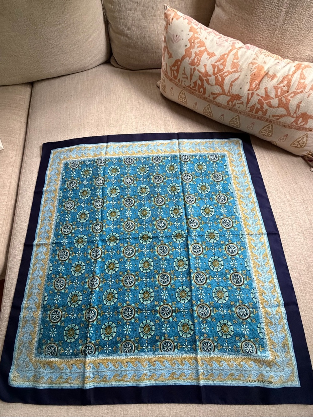 Beautiful Galla Placidia Scarf in Blue and Gold Mosaic Pattern.
